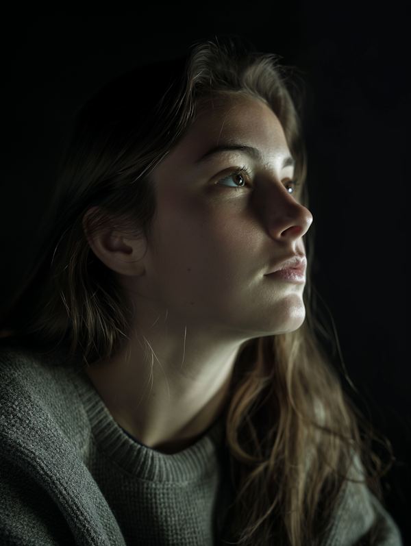 Contemplative Young Woman in Contrast Lighting
