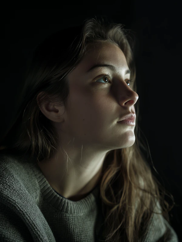 Contemplative Young Woman in Contrast Lighting