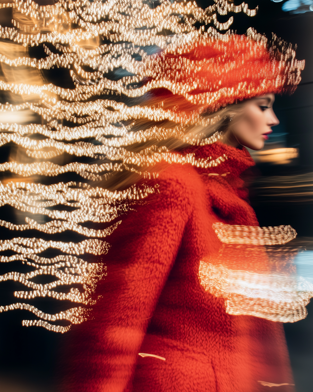 Woman in Red Coat with Swirling Lights