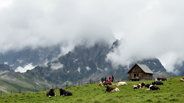 Serene Mountain Landscape with Cows and Hikers