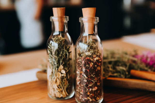 Herbs and Botanicals in Glass Bottles