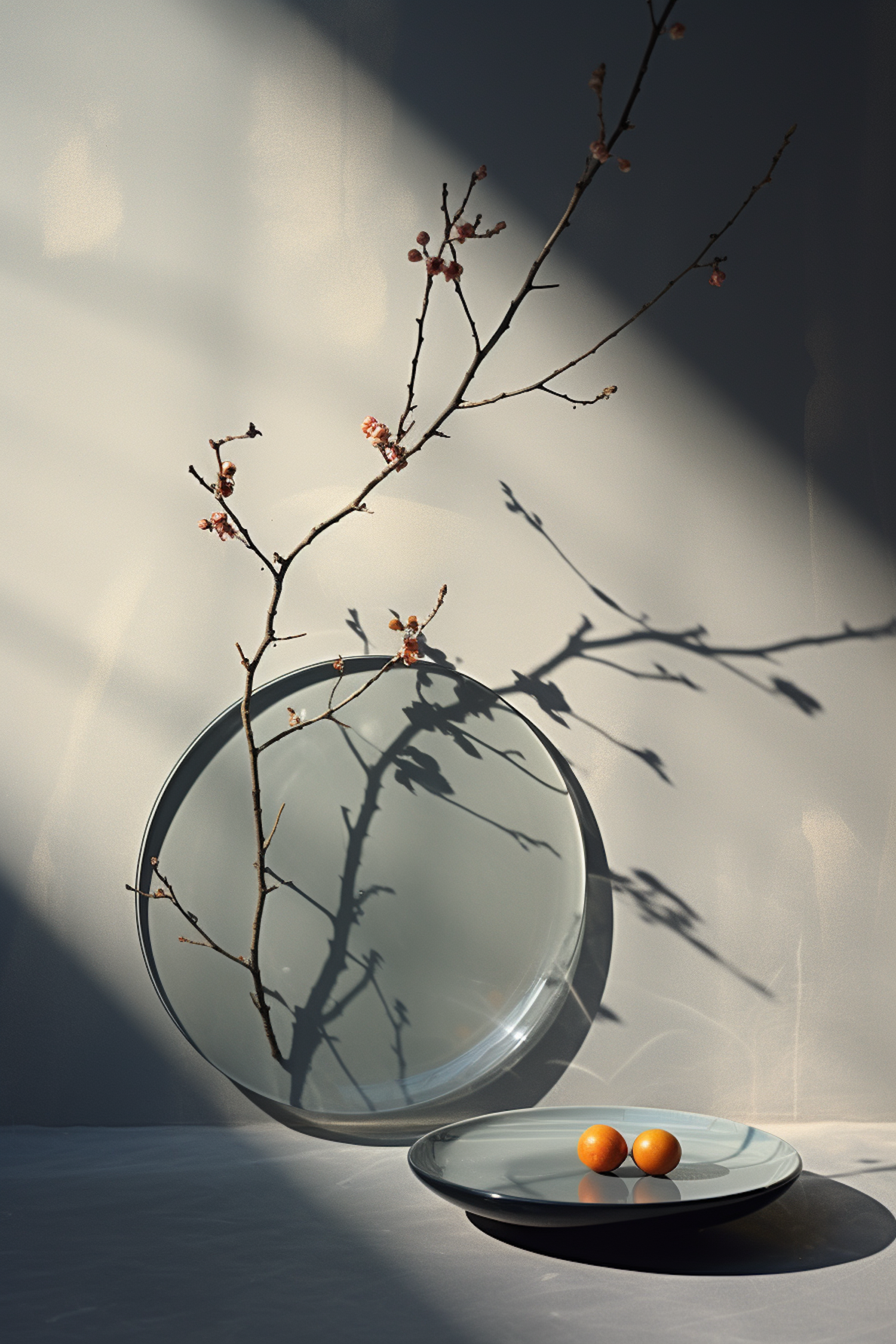 Elegance in Light and Shadow: A Still Life with Budding Branch and Sunlit Oranges