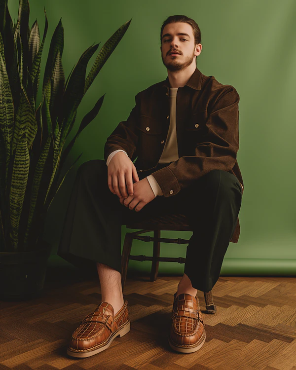 Man Seated Against Green Backdrop