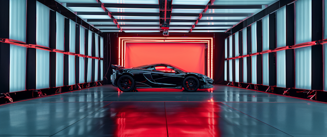 Futuristic Black Sports Car in Red Neon Lights