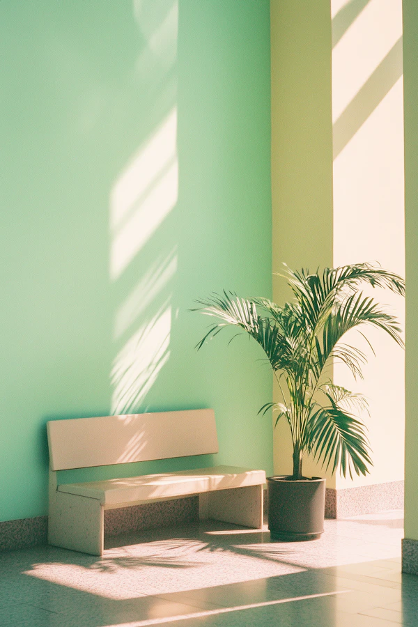 Minimalist Interior with Bench and Plant