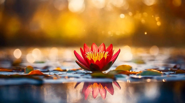 Vibrant Red Lotus on Reflective Water