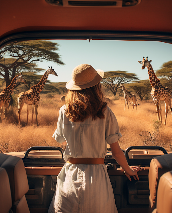 Safari Serenity: Woman and Giraffes in the Savannah