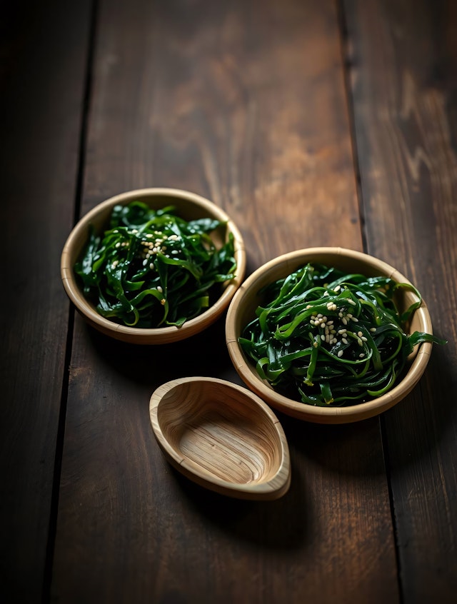 Seaweed Salad on Wooden Bowls