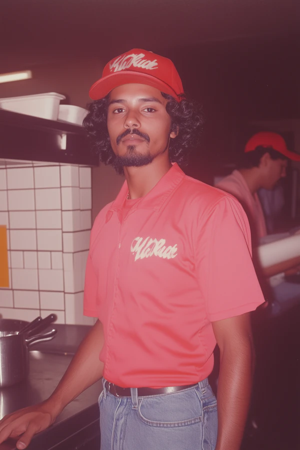 Man in Red Uniform in Kitchen