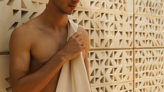 Thoughtful Young Man with Geometric Backdrop