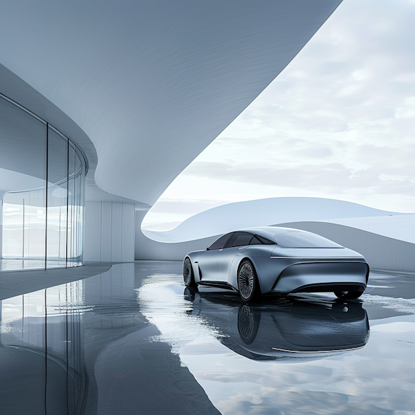 Futuristic Silver Car in Modern Architectural Space