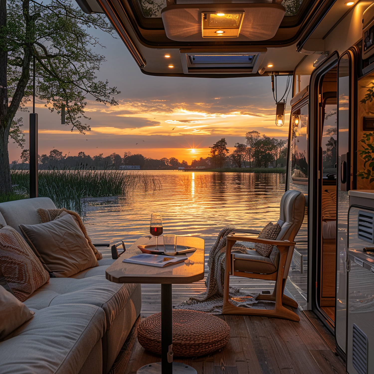 Luxurious RV Interior by Sunset Lake