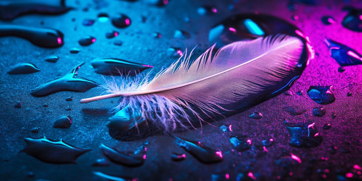 Neon Feather with Water Droplets