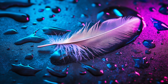 Neon Feather with Water Droplets