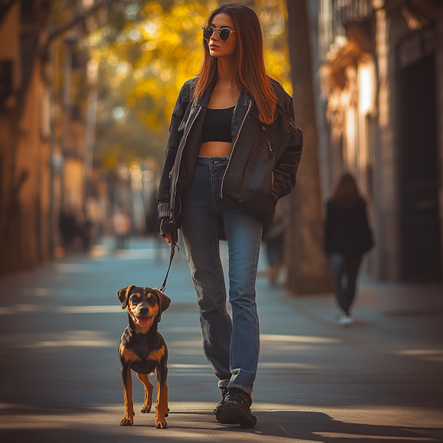 Woman Walking Dog on Sunlit Street