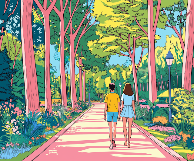 Tranquil Stroll in Colorful Park Illustration