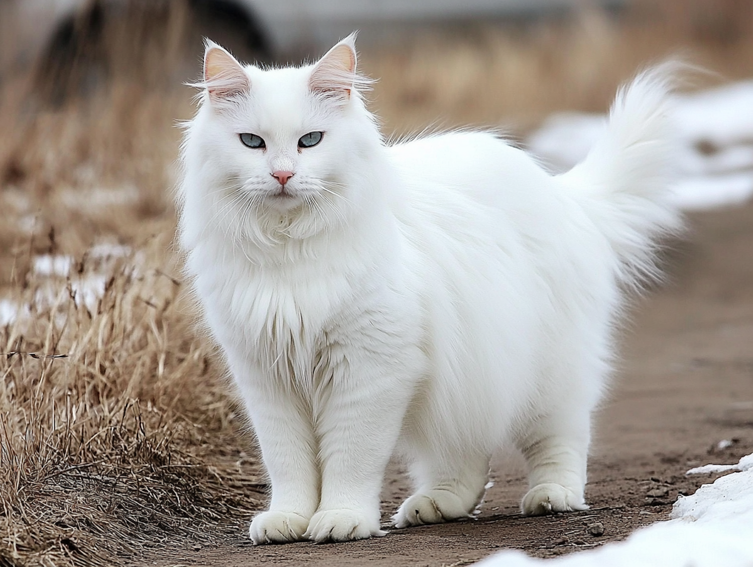 Elegant White Cat on Dirt Path