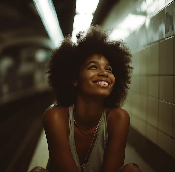Subway Serenity: Joyful Woman with Afro Halo