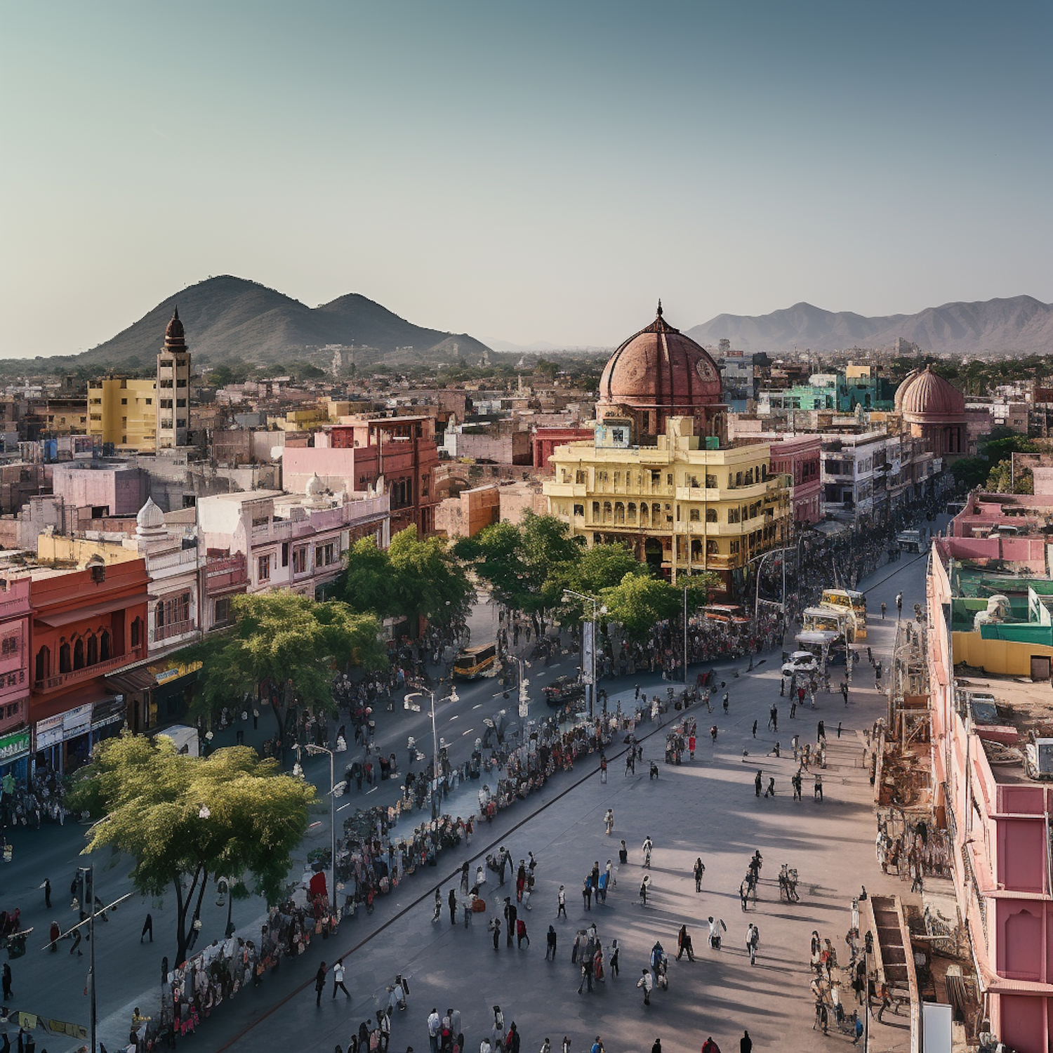 Dusk Radiance over Vibrant City Square