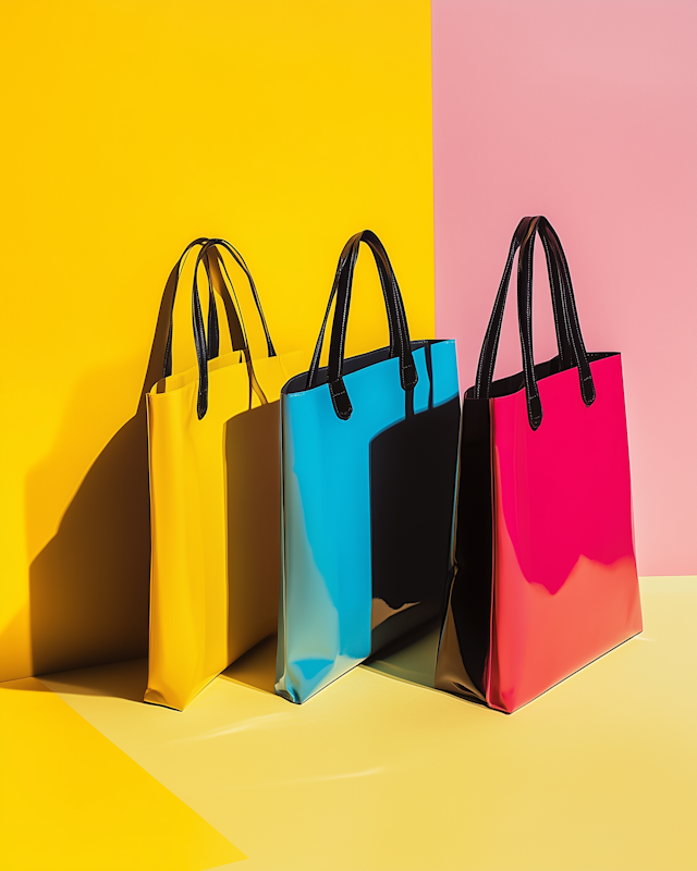 Glossy Tote Bags on Vibrant Background