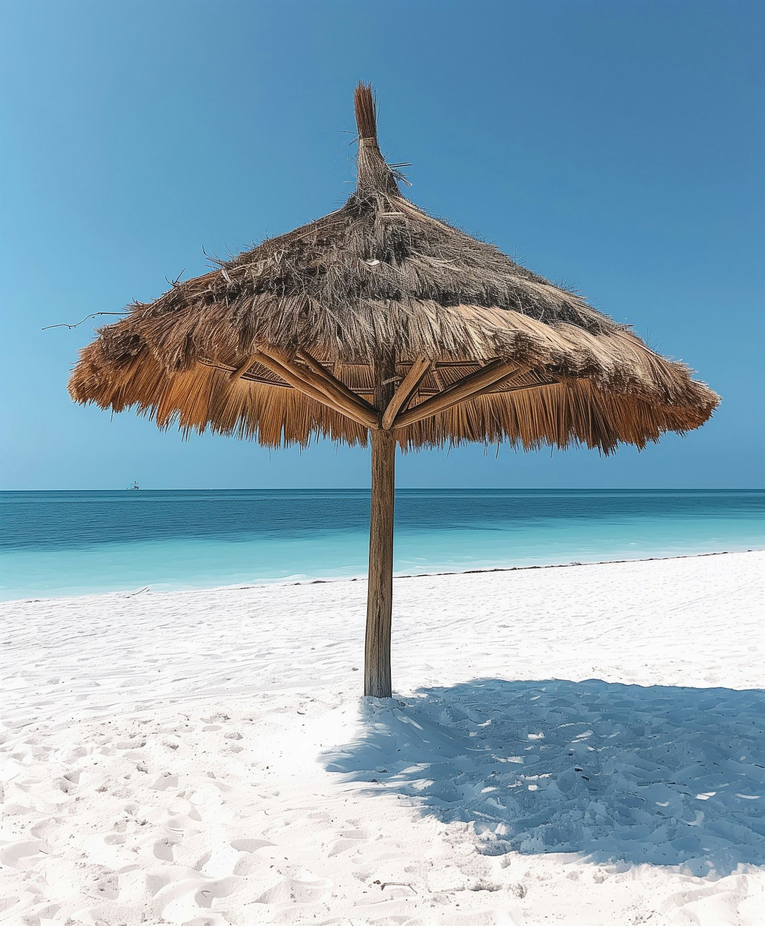 Serene Beach Setting with Thatched Umbrella