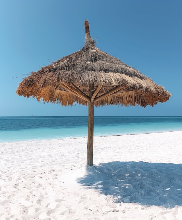 Serene Beach Setting with Thatched Umbrella