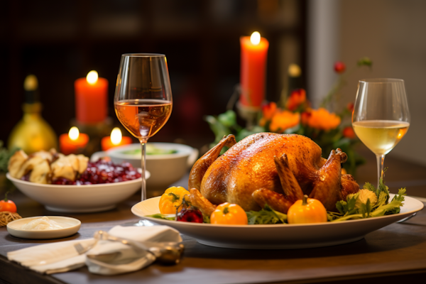 Festive Banquet with Roasted Turkey and Wine