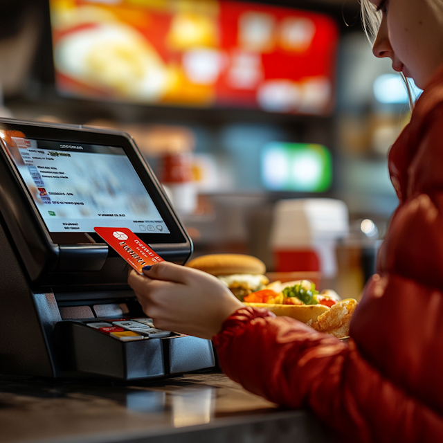 Young Woman Using Self-Service Kiosk at Fast Food Restaurant