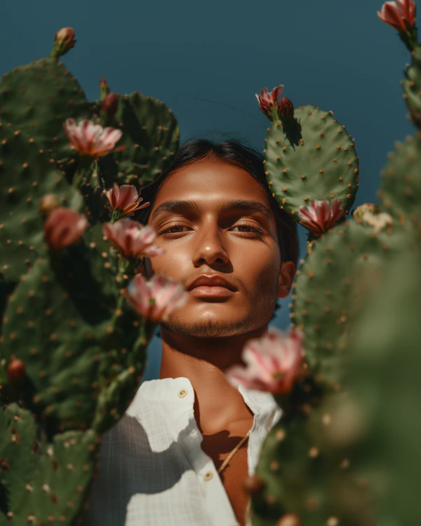 Man Framed by Cacti