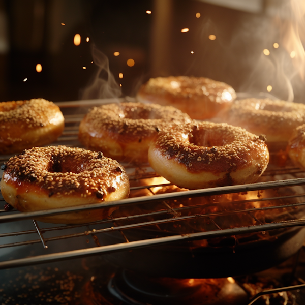 Warm Golden Sesame Bagels on Wire Rack