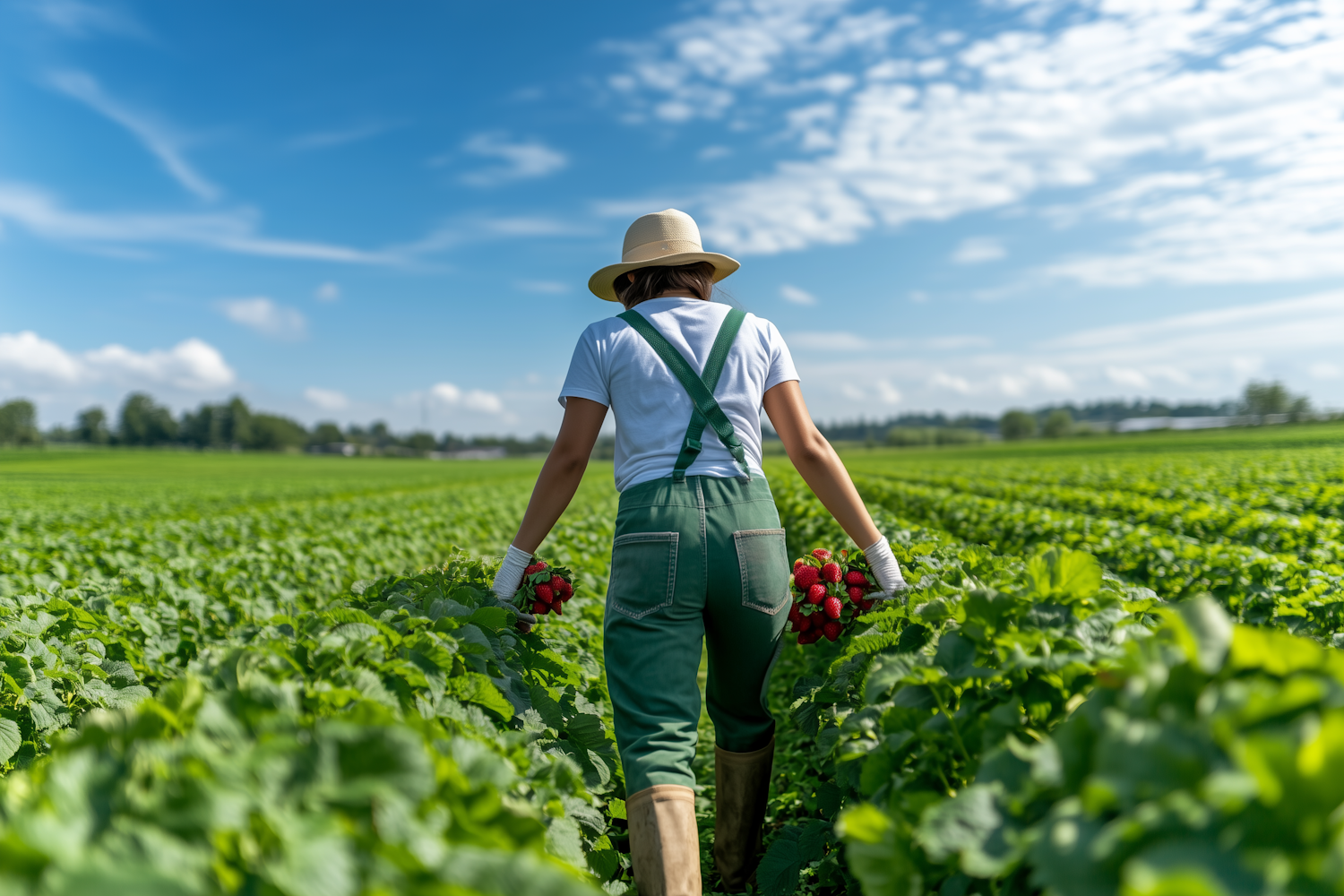 Strawberry Harvest in Green Field