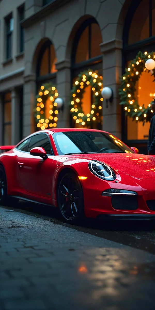 Sleek Red Sports Car on Festive Street