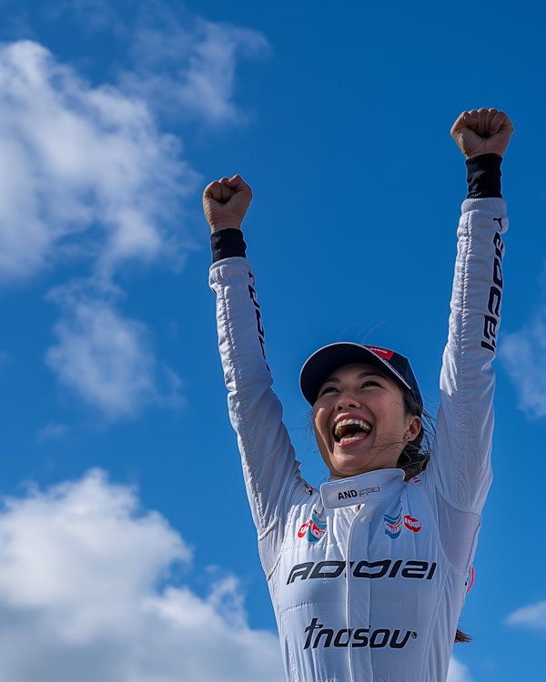 Triumphant Female Racer Celebrating Victory