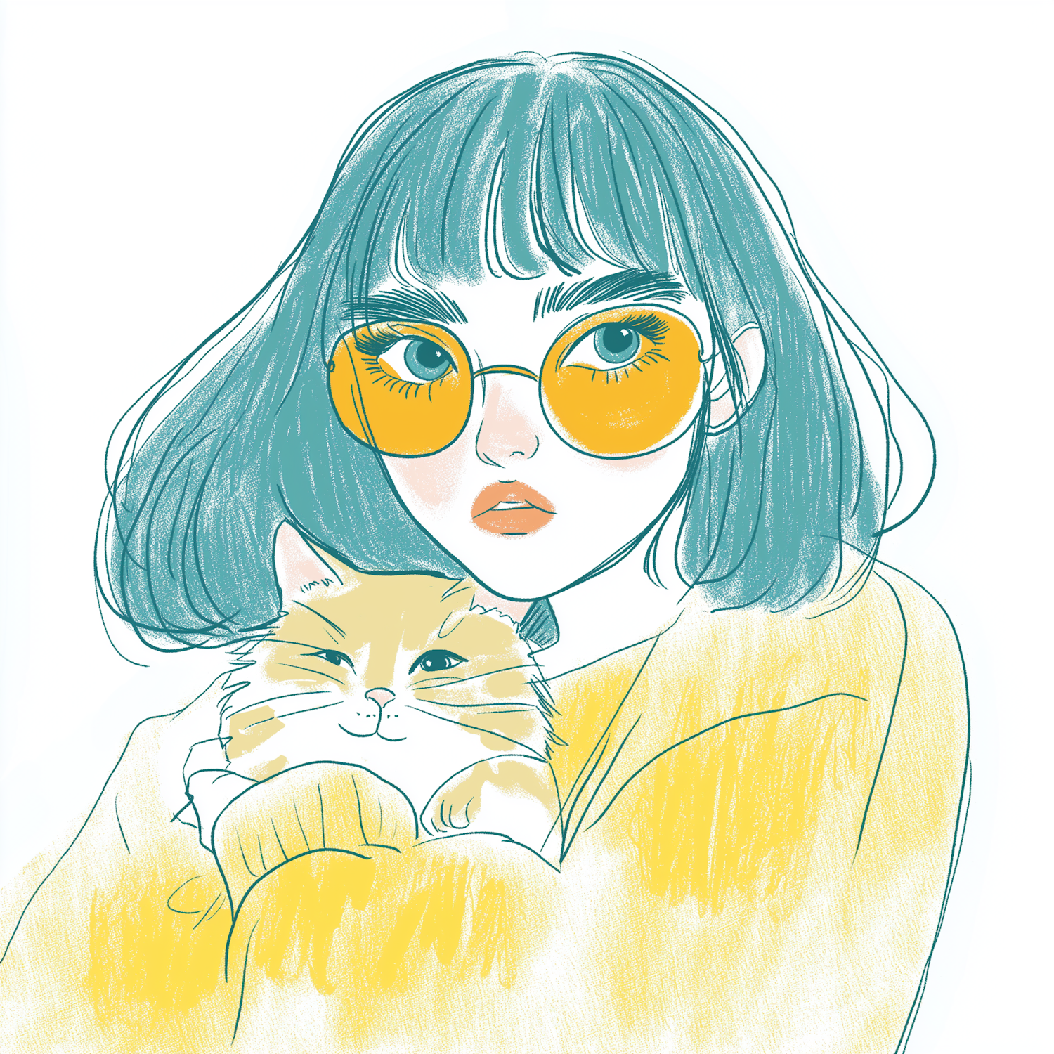 Young Woman with Cat Illustration