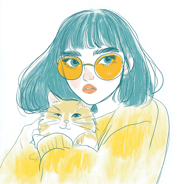 Young Woman with Cat Illustration