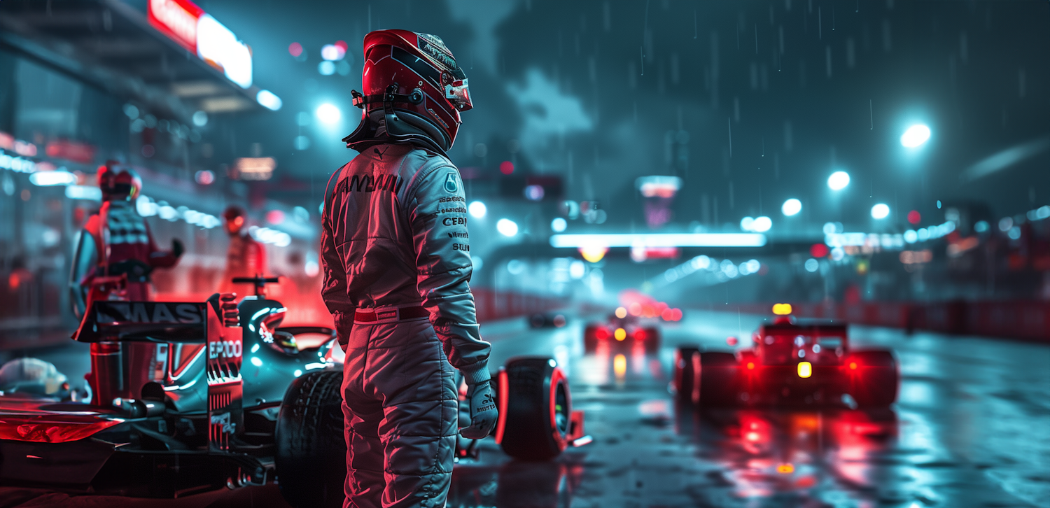 Racing Driver at a Rainy Pit Lane