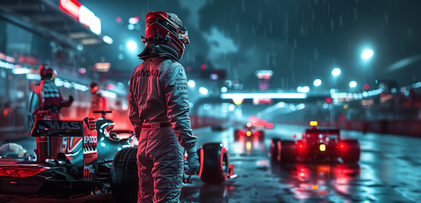 Racing Driver at a Rainy Pit Lane