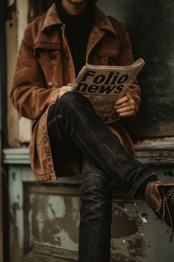 Man Reading Newspaper by Rustic Doorstep