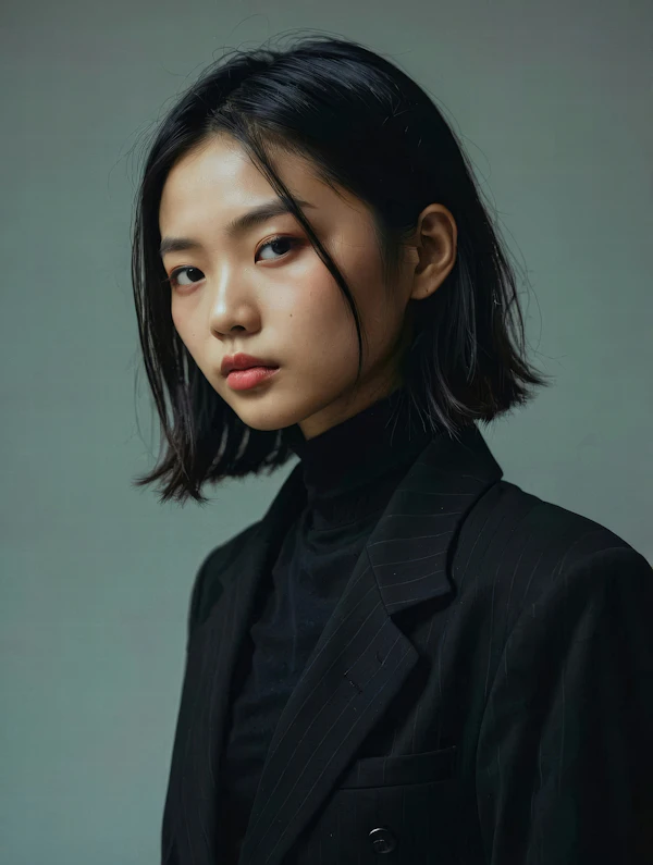 Contemplative Woman in Pinstriped Blazer