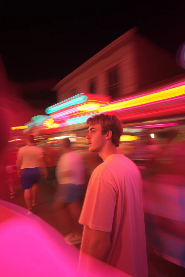 Contemplative Young Man in Neon Lights