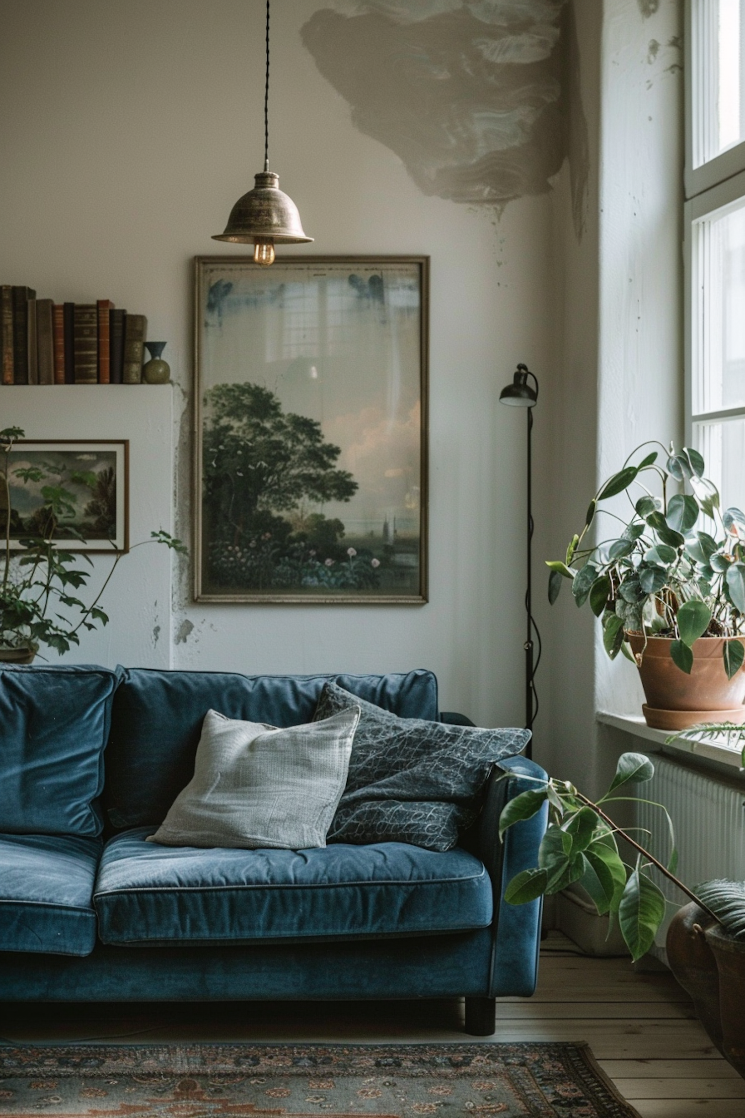 Cozy Living Space with Blue Velvet Sofa