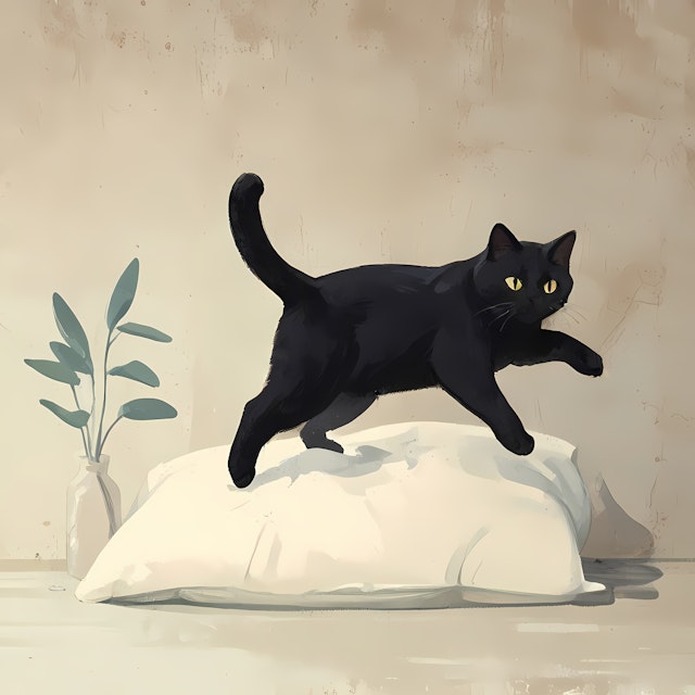 Elegant Black Cat on White Pillow