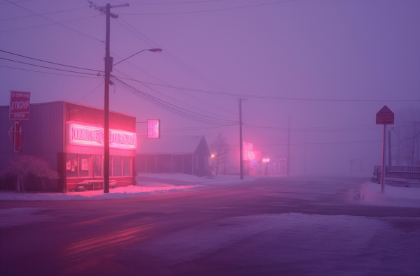 Neon-Lit Foggy Evening Street