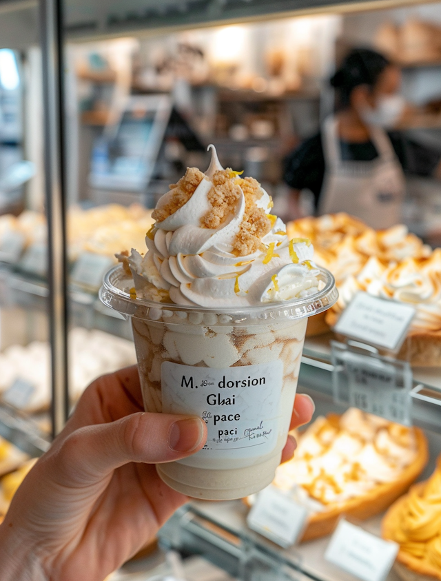 Hand Holding a Dessert Cup in Pastry Shop