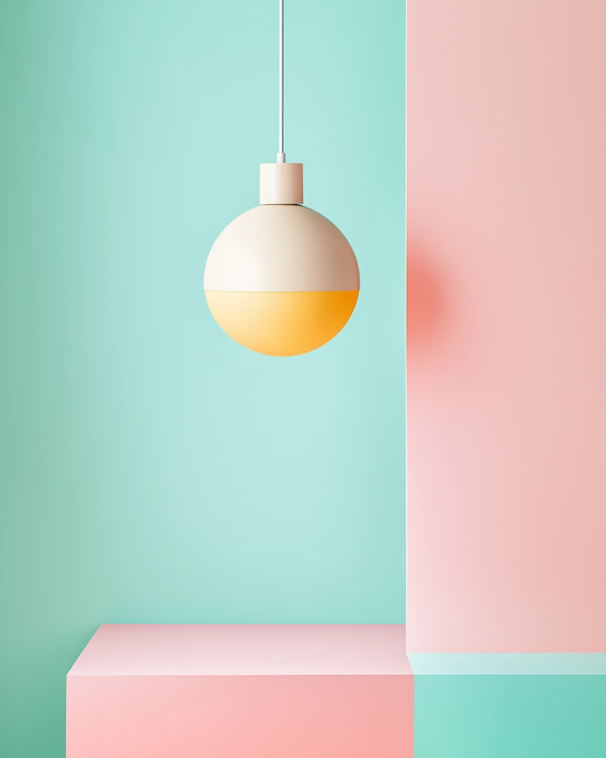 A minimalist pendant lamp glowing warm yellow against pastel mint and pink
