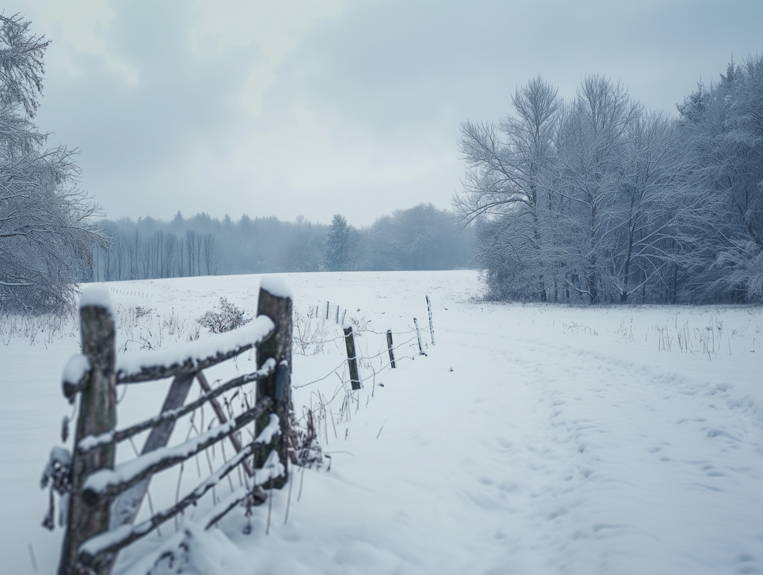 Serene Winter Landscape with Snowy Fence and Trees