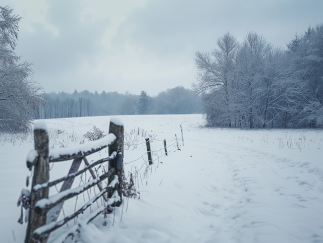 Serene Winter Landscape with Snowy Fence and Trees