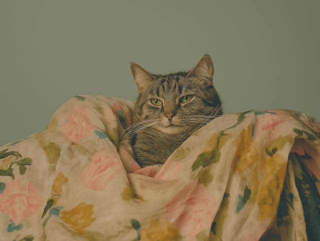 Cozy Tabby Cat in Floral Blanket