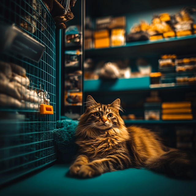 Fluffy Tabby Cat on Teal Surface