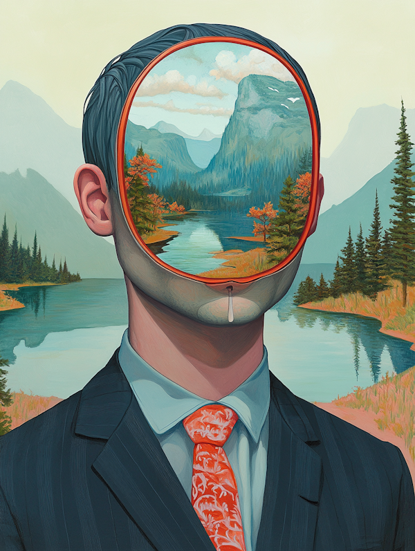 Surreal Human Figure with Landscape Face